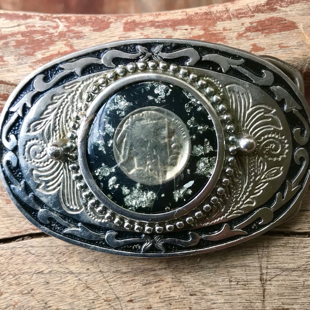 Vintage Western Buffalo Indian Head Nickel Black and Silver Belt Buckle